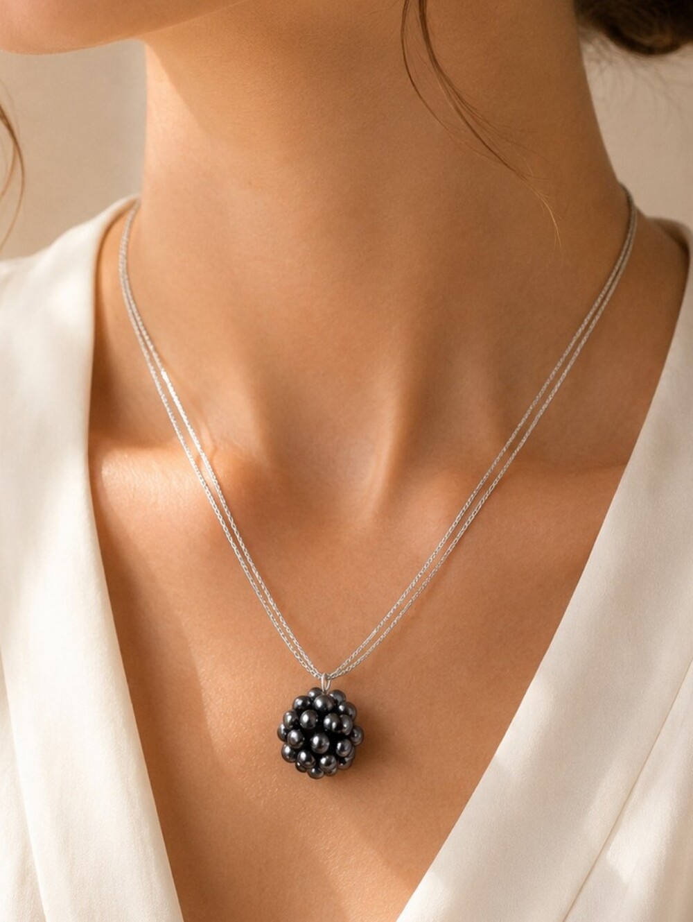 Black Simulated Pearl Cluster Pendant Necklace Silver Tone Layered Chain